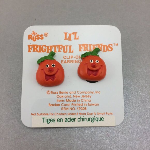 Vintage Plastic Pumpkin Clip On Earrings for Kids Small Earlobes Russ Halloween - Picture 1 of 10